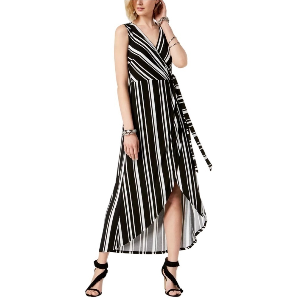 INC International Concepts Black/White Striped Faux-Wrap Maxi Dress Size Large